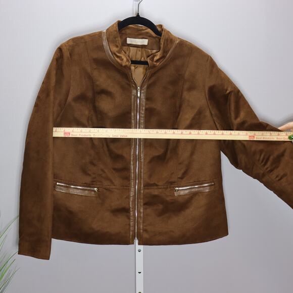 Laura Ashley Faux Suede Jacket Brown Zip Front Size M Gold Detail - Picture 1 of 5